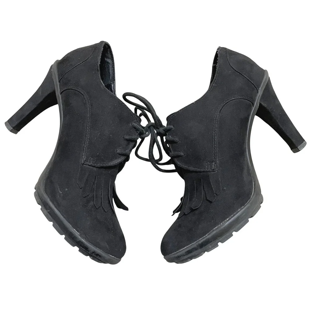 Tahari Temple‎ Booties Black Faux Suede Lace Up Fringe High Heel Shoes Size 7